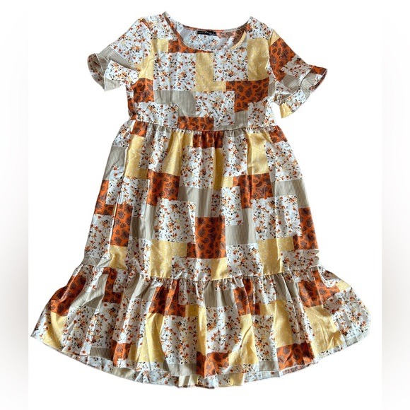 EMERY ROSE boho patchwork fall colors short sleeve w ruffle size small NWOT - Picture 1 of 5
